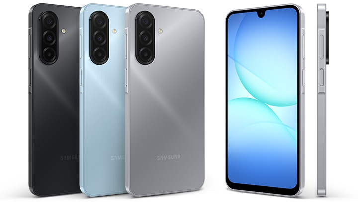 Galaxy A17 shown in black, light blue, and gray from multiple angles, highlighting its sleek, slim, and stylish design.