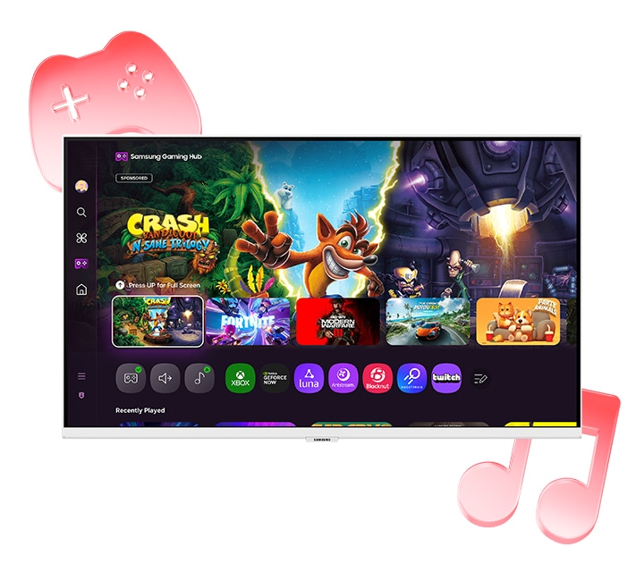 A gaming hub is displayed on the monitor screen. מסך מחשב חכם M7 M70F 4K Samsung Vision AI S32FM701UU&nbsp;מבית Samsung