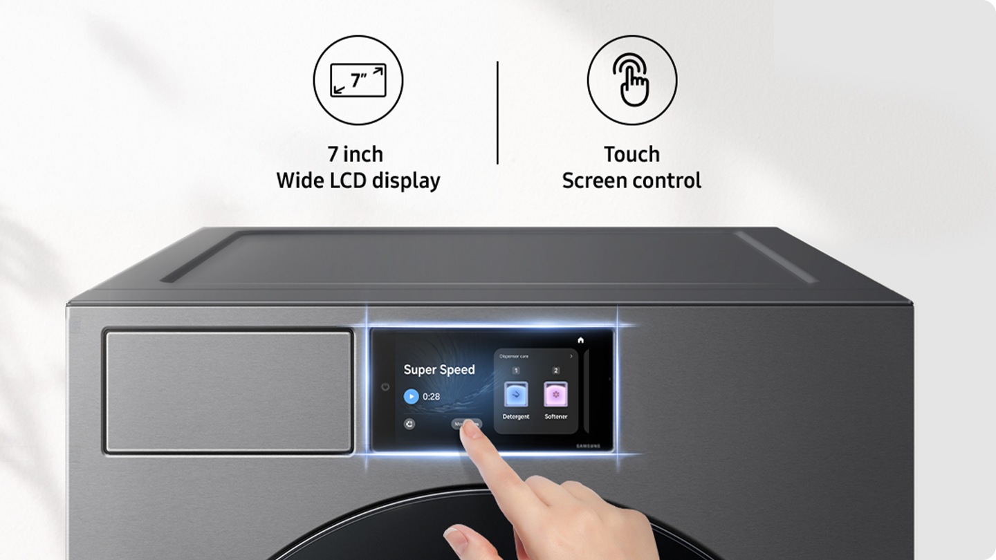 The washer's 7 inch wide LCD display and touchscreen control. The LCD screen displays more cycles and the super speed cycle runs. At cycle is finished, it shows total time, laundry, and 0.10kwh of energy usage. The LCD screen is also used to access features like Incoming call, Ring doorbell, SmartThings, Spotify. * Images are for illustrative purposes only.