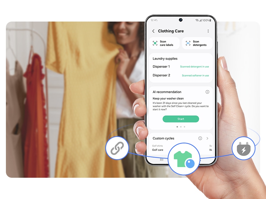 A person is using the SmartThings Clothing care and is given AI recommendations. When you scan care label, it suggests the right laundry course.