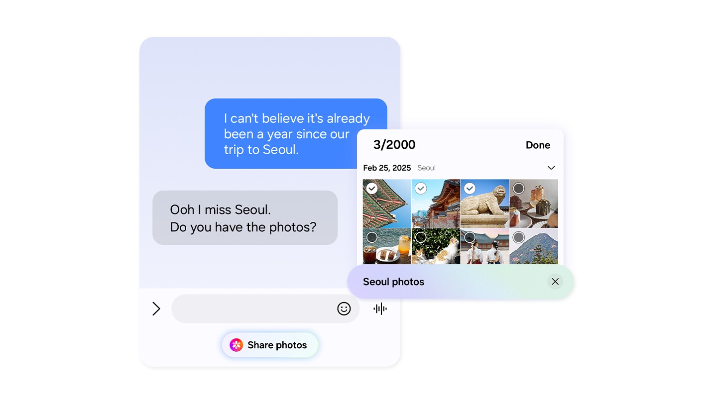 During a text conversation, someone asks for photos from a trip to Seoul. Now Nudge has intelligently prompted the user with a Share photos button. A search bar with the keywords Seoul photos is seen with a Gallery pop up showing the relevant photos. The user can then view and select photos.