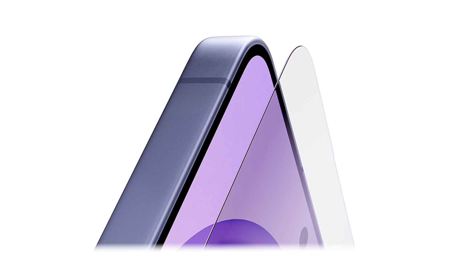 Close up of corner of Galaxy S26 plus is seen. A sheet of glass hovers in front of the main screen.
