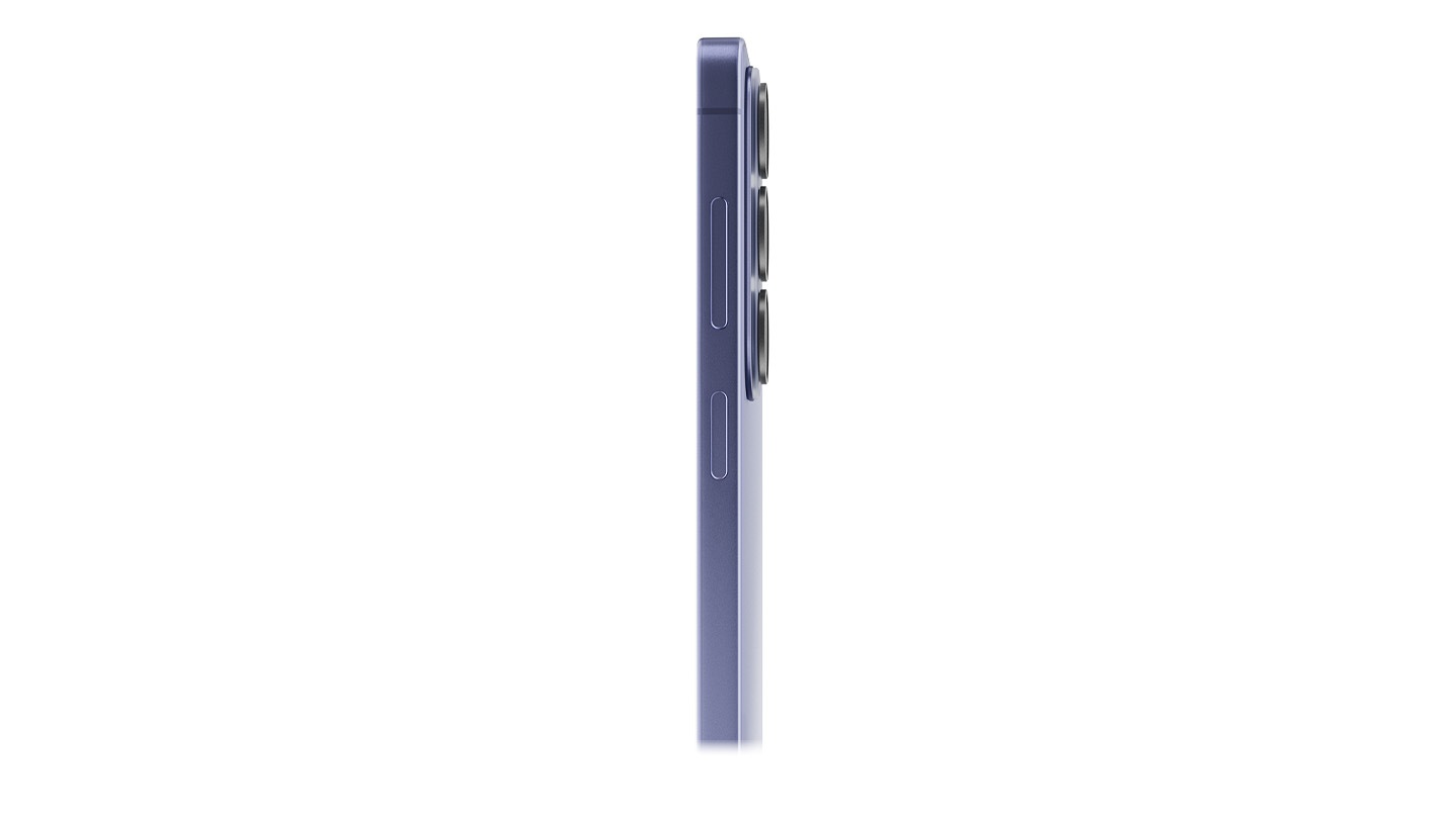 Galaxy S26 plus in Cobalt Violet is seen from the side to show the slim profile.
