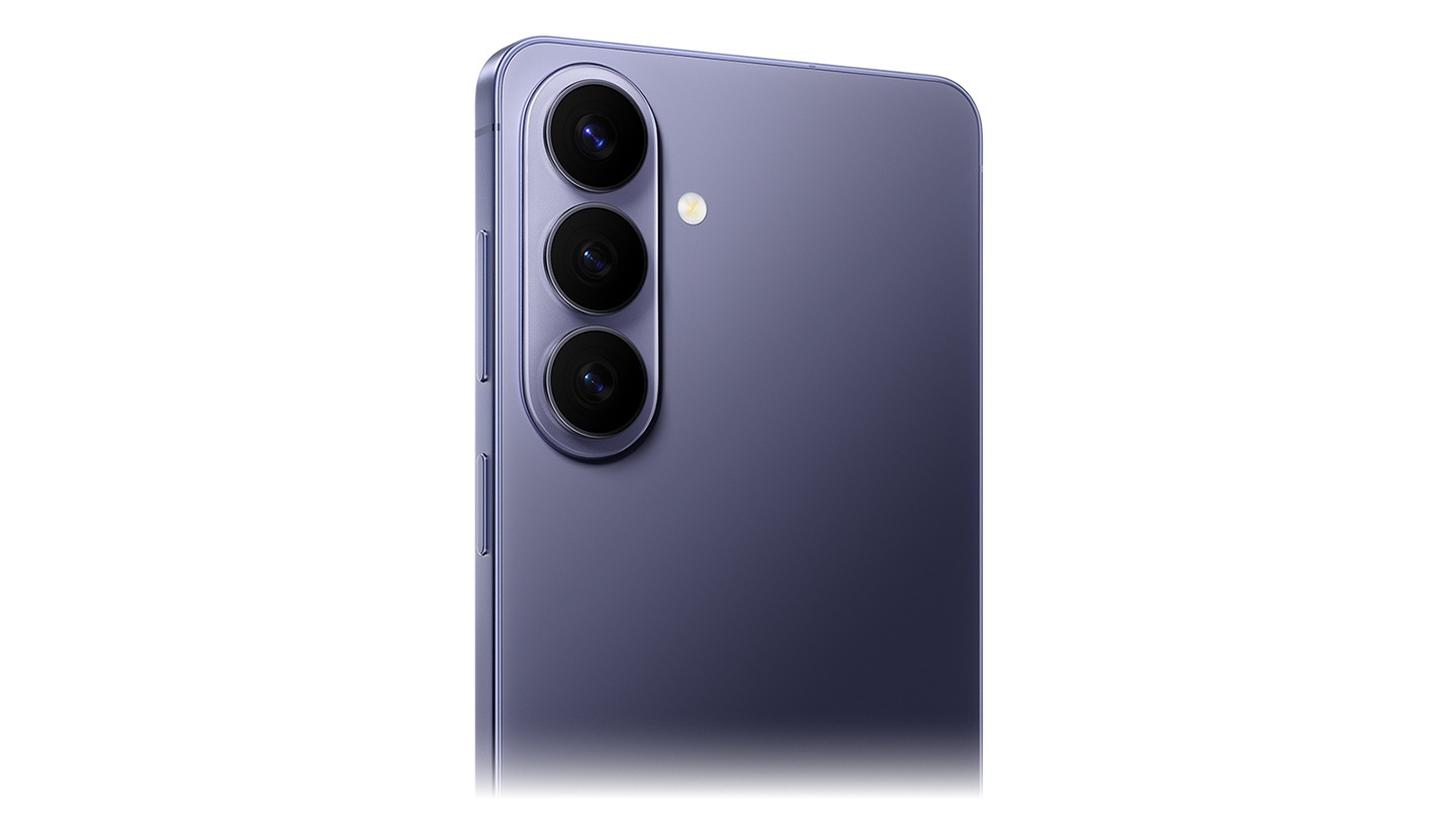 Samsung Galaxy S26+ in Cobalt Violet showing refined ambient island camera design and slim 7.3mm profile
