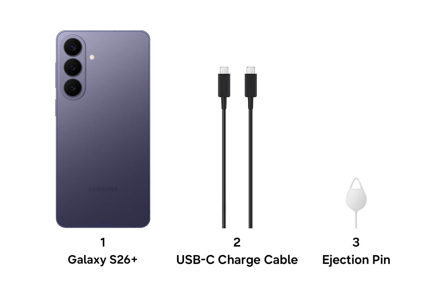 Samsung Galaxy S26+ box contents: Galaxy S26+ handset, USB-C charge cable, and ejection pin