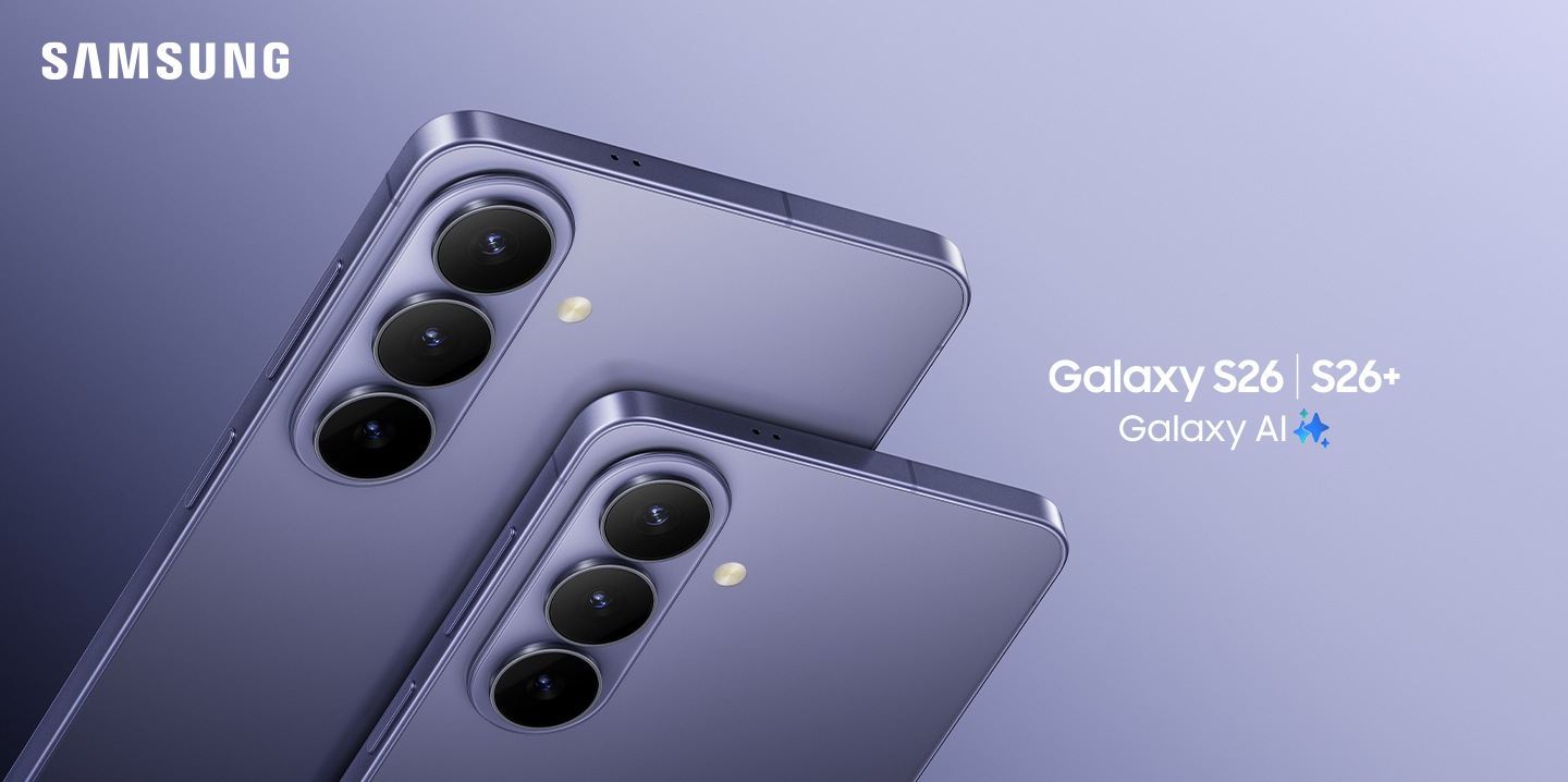 Close up of the back of Galaxy S26 and S26 plus is seen highlighting the camera lenses. Galaxy AI. Samsung.