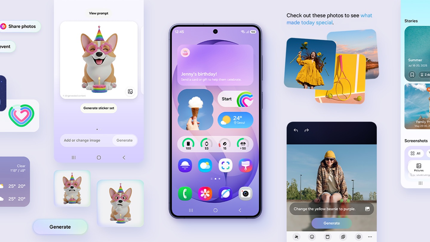 Galaxy S26 plus is seen from the main screen. Various active features that are more personalized to the user's needs and habits, flank the device. These include Creative Studio, Photo Assist and more.