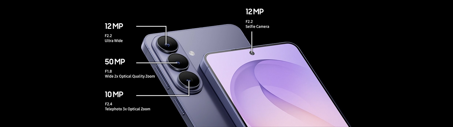 Galaxy S26 plus's camera specs. Rear Camera. 12 MP Ultra Wide, F2.2. 50 MP Wide, F1.8, 2x Optical Quality Zoom. 10 MP Telephoto, F2.4, 3x Optical Zoom. Front Camera. 12 MP Selfie Camera, F2.2.