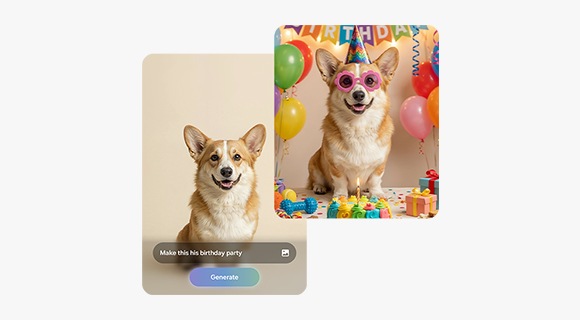 A photo of a dog is seen. In Photo Assist, the user can describe what to change by inputting a text prompt. After typing 'Make this his birthday party'. Galaxy AI has transformed the photo by adding various birthday themed accessories on and around the dog.