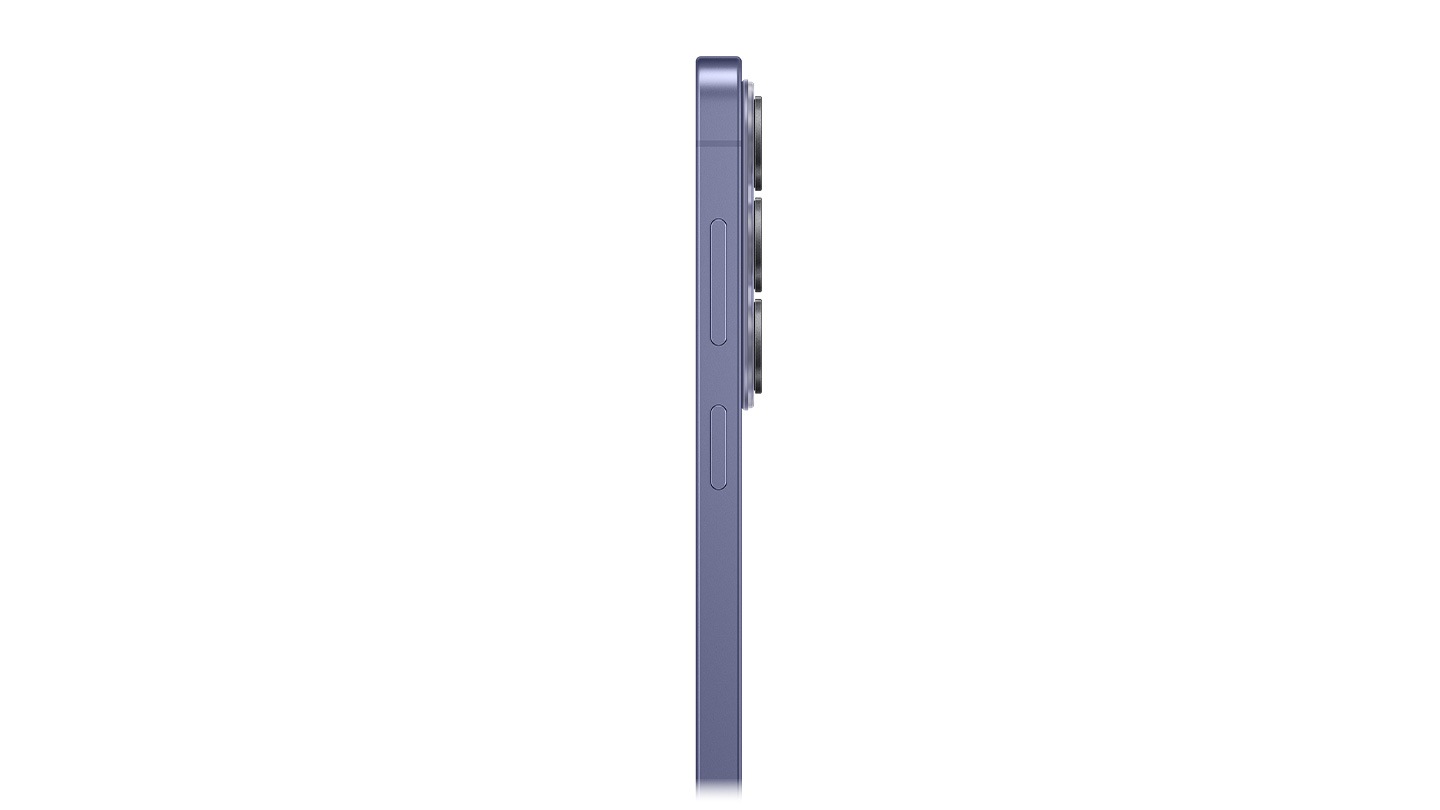 Galaxy S26 in Cobalt Violet is seen from the side to show the slim profile.