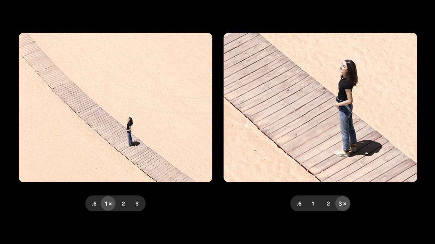 A scenic photo has been taken in 1 times zoom. Another has been taken in 3 times zoom. Even when zoomed in, details remain clear and vivid.
