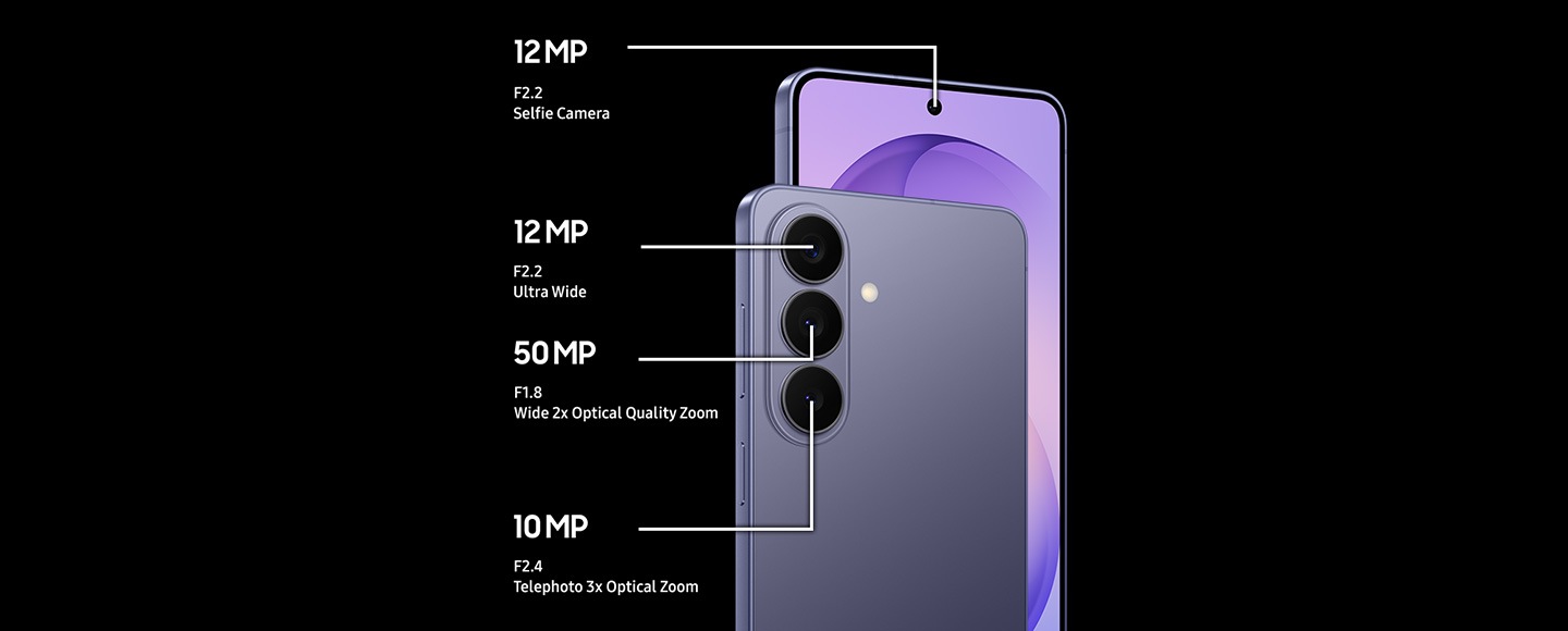 Galaxy S26's camera specs. Rear Camera. 12 MP Ultra Wide, F2.2. 50 MP Wide, F1.8, 2x Optical Quality Zoom. 10 MP Telephoto, F2.4, 3x Optical Zoom. Front Camera. 12 MP Selfie Camera, F2.2.