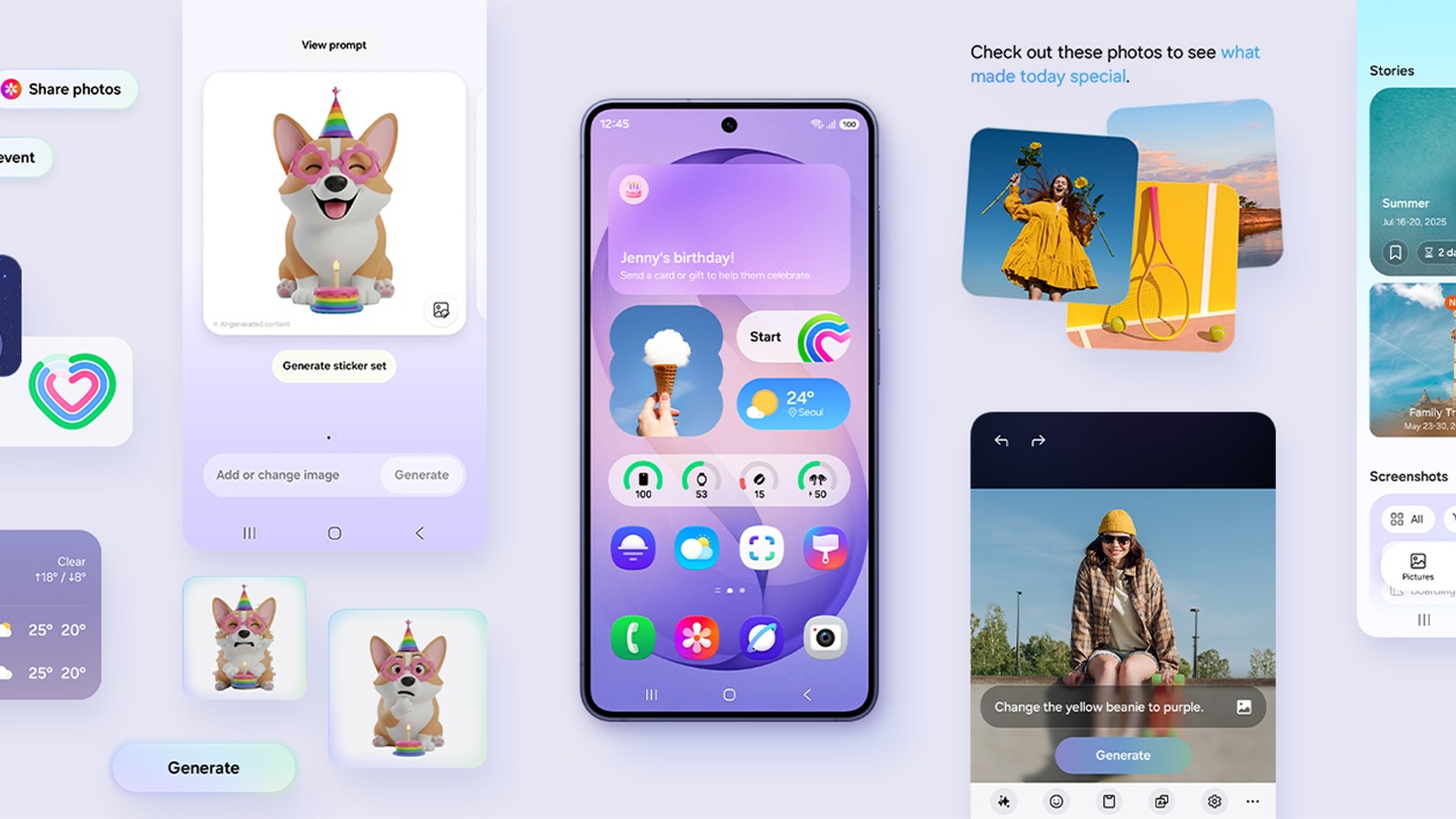 Galaxy S26 is seen from the main screen. Various active features that are more personalized to the user's needs and habits, flank the device. These include Creative Studio, Photo Assist and more.