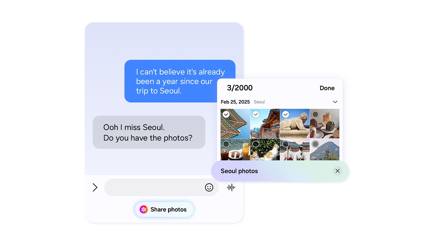 During a text conversation, someone asks for photos from a trip to Seoul. Now Nudge has intelligently prompted the user with a Share photos button. A search bar with the keywords Seoul photos is seen with a Gallery pop up showing the relevant photos. The user can then view and select photos.