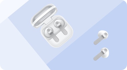 Galaxy Buds4 in White shown in their case with the case open. Another pair of Galaxy Buds4 in White outside of their case.