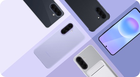 The Silicone Case, Card Slot Case, Clear Case, Rugged Case and Screen Protector for Galaxy A57 5G shown from above.