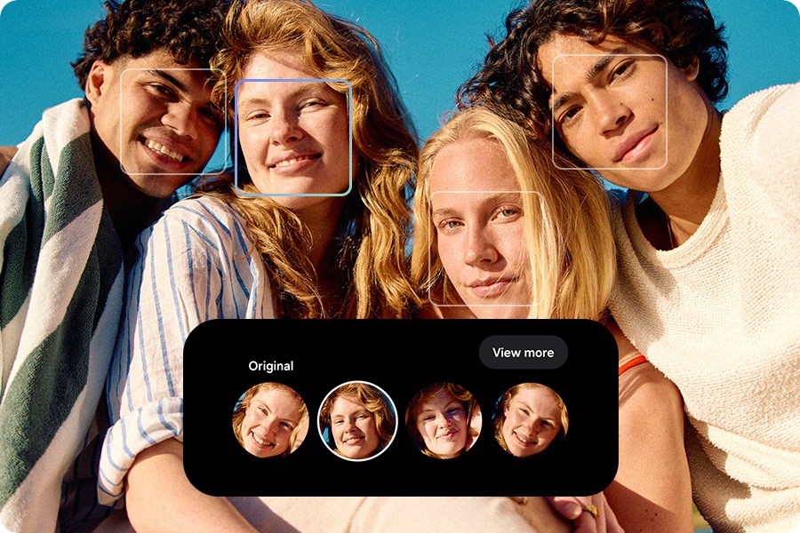 A group photo with four young people and multiple face expressions of one of the women in the photo, which can be selected to enhance the photo by using the Best Face feature.