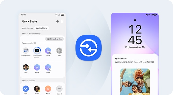 The left phone's screen lists files and contacts available for sharing, while the right phone displays a notification for an incoming 'Quick Share' transfer with a preview of shared images, Quick Share icon in the center.