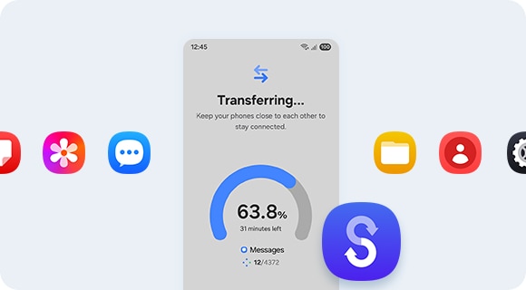 A smartphone displaying a data transfer process. Around the phone are colorful app icons and a Smart Switch logo.