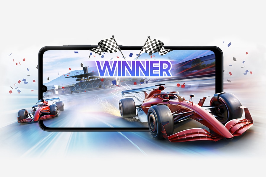 Galaxy A07s display showing a high-speed racing game, emphasizing power for gaming, streaming, and multitasking.