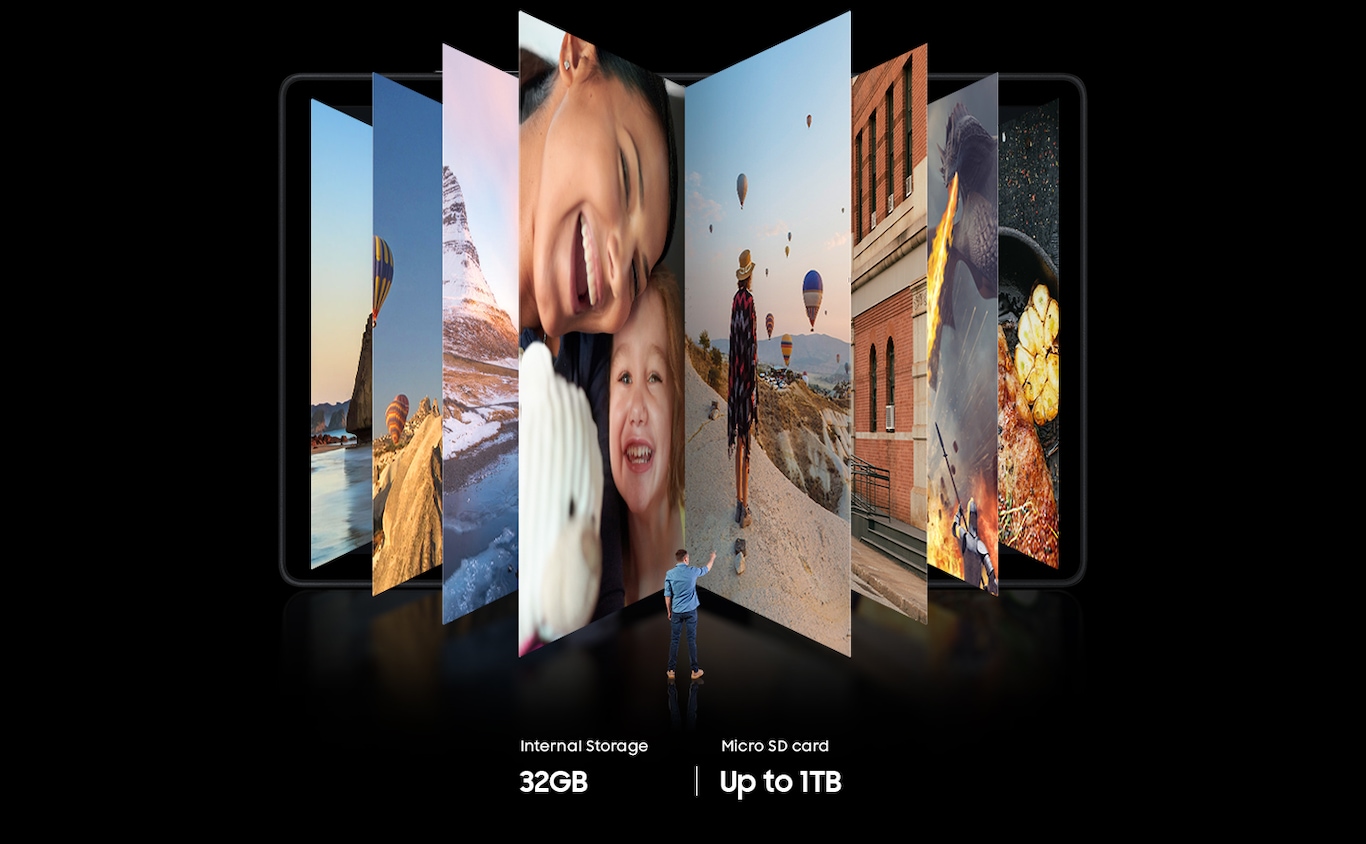 A man thumbs oversized images from Galaxy Tab A7’s gallery, demonstrating how much content can be stored on the device.