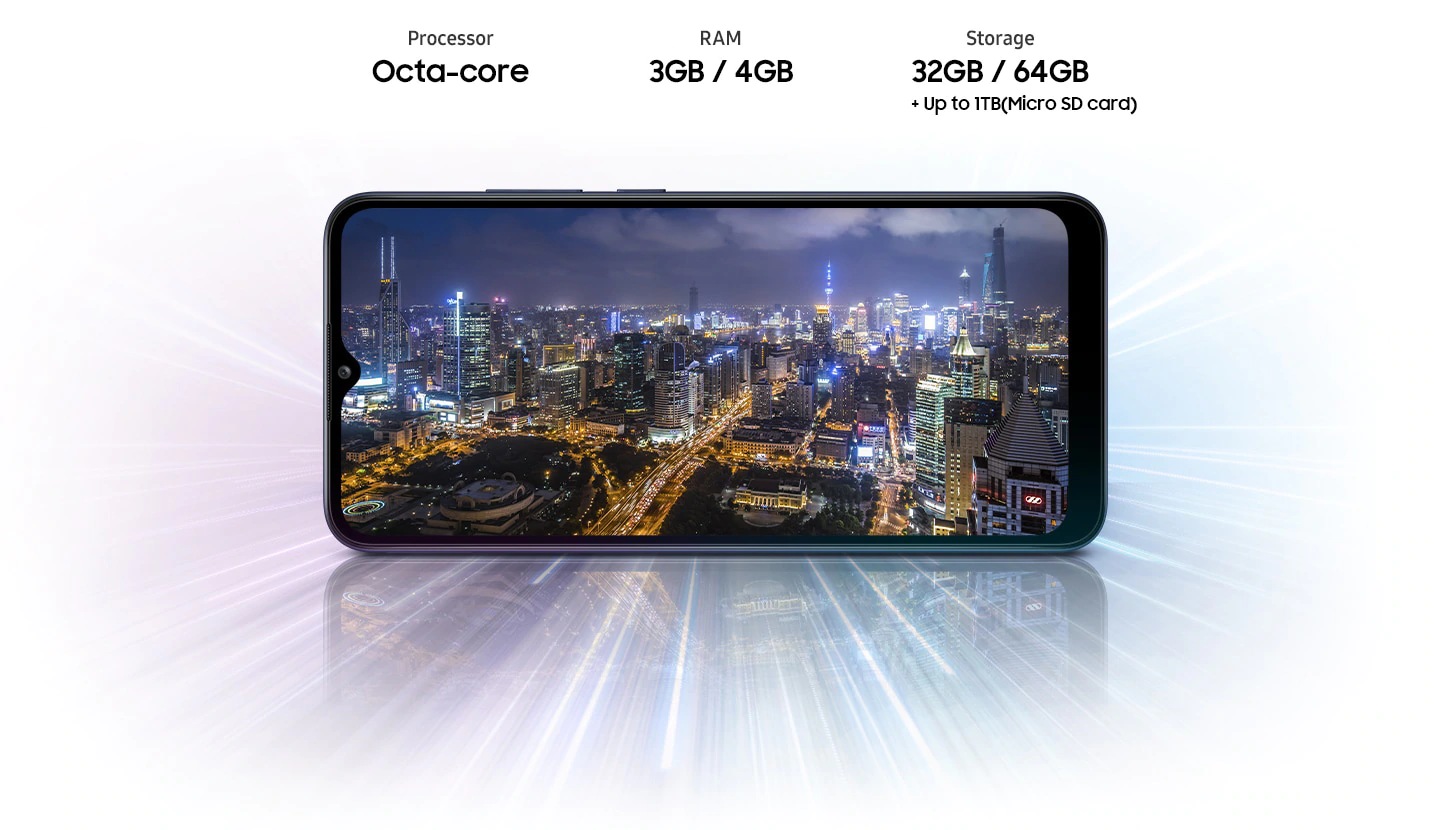 A02s shows night city view, indicating device offers Octa-core processor, 3GB RAM, 32GB with up to 1TB-storage.