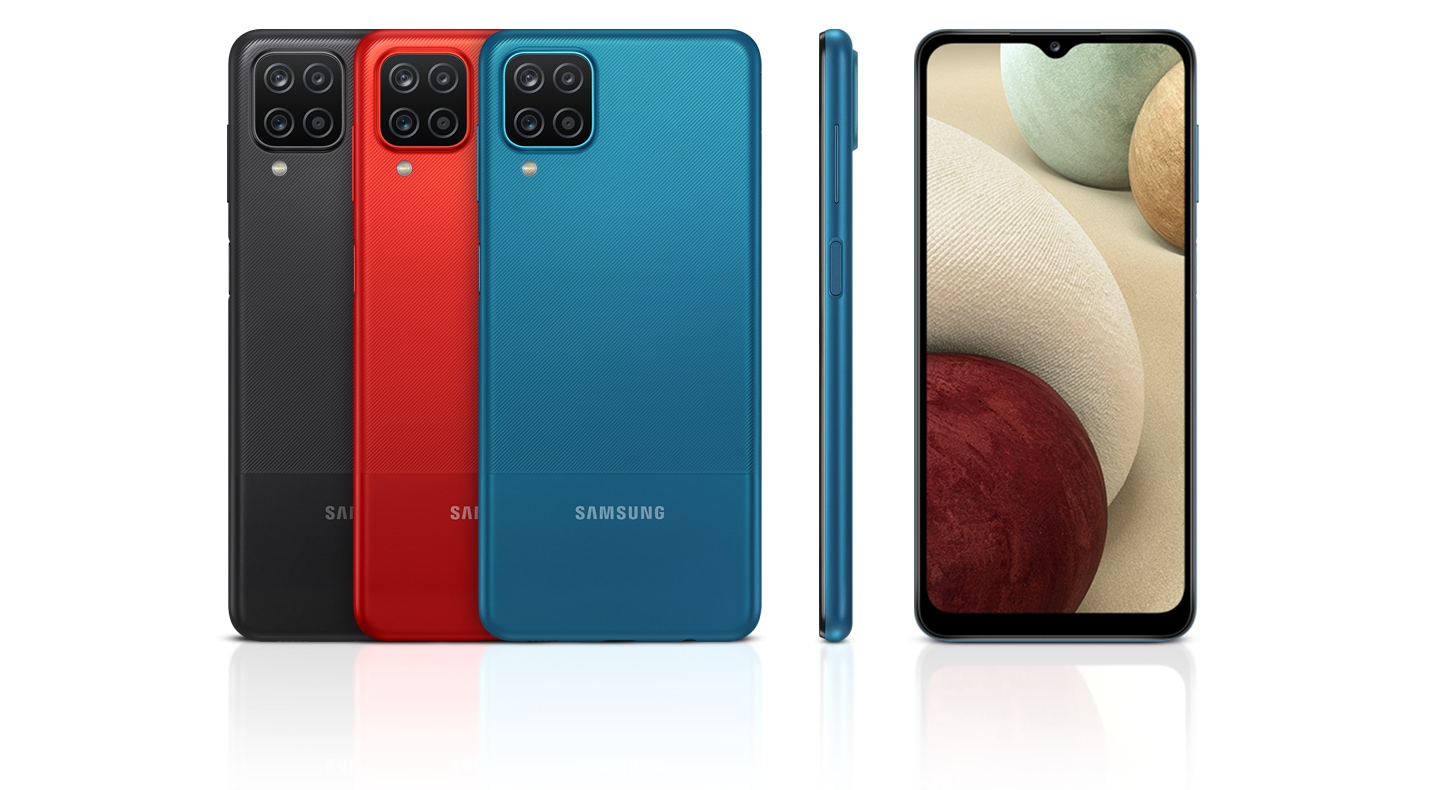 Samsung Galaxy A12 Classic back view of 3 devices in black, red, blue along with 1 side and 1 front view to highlight modern matte finish