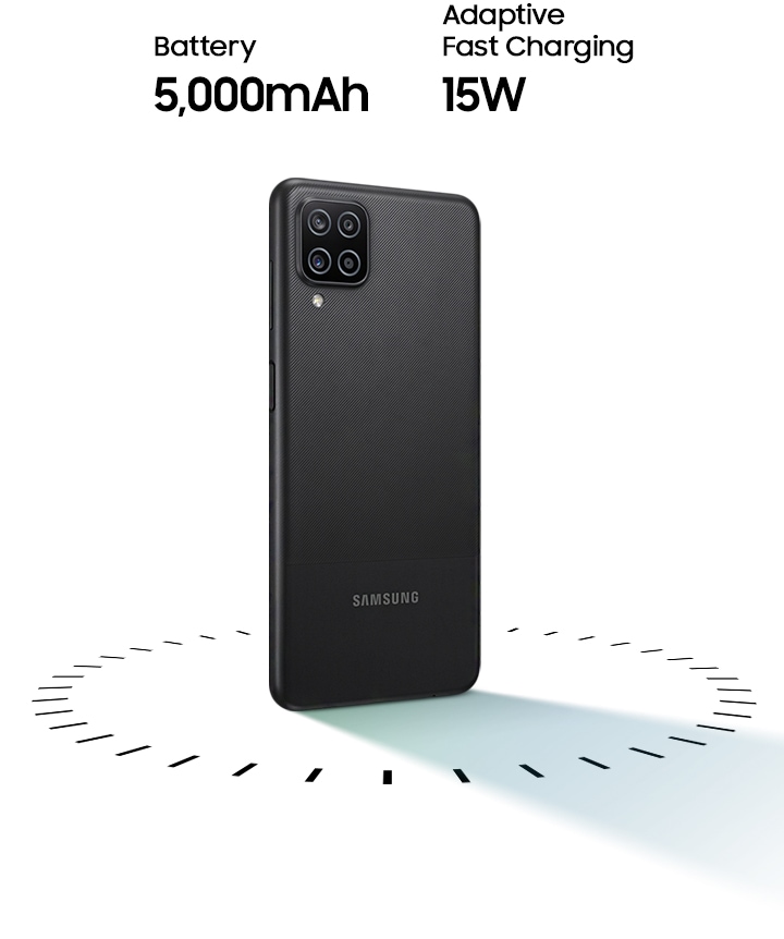 Galaxy A12 stands up, surrounded by circular dots, with the text of 5,000mAh Battery and 15W Adaptive Fast charging.