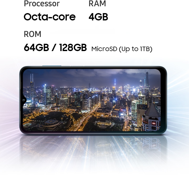 A12 shows night view of city, indicating device offers Octa-core processor, 3GB/4GB/6GB of RAM, 32GB/64GB/128GB of ROM
