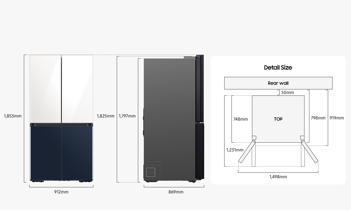 Size measurements: Height 1,825mm, width 912mm, depth 869mm, depth with doors open at a right angle 1,231mm, depth without doors 748mm, install depth 798mm, width with doors open 1,498mm.