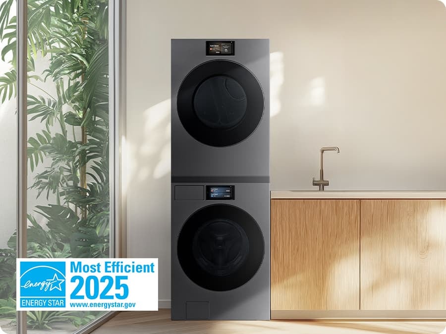 A bespoke washer and dryer are installed in a sunny space. Next to it is an Energy Star certificate that proves energy efficiency. Energy Star. Most Efficient 2025. www.energystar.gov.