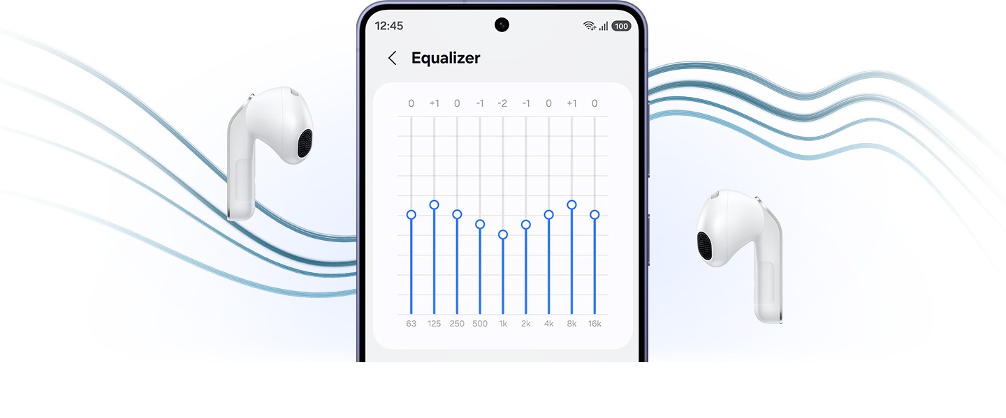 A Galaxy smartphone with the 'Equalizer' settings on, with the screen showing multiple toggles in between a pair of white, Galaxy Buds4.