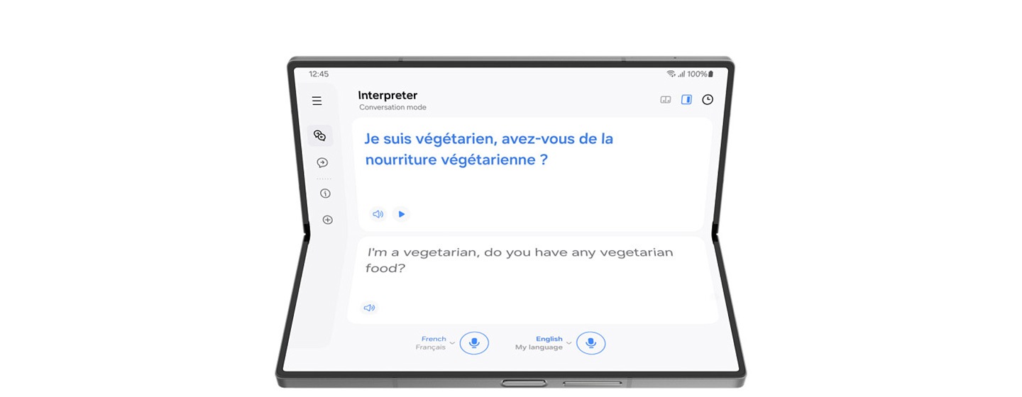 A conversation in two languages is transcribed and translated in real time.