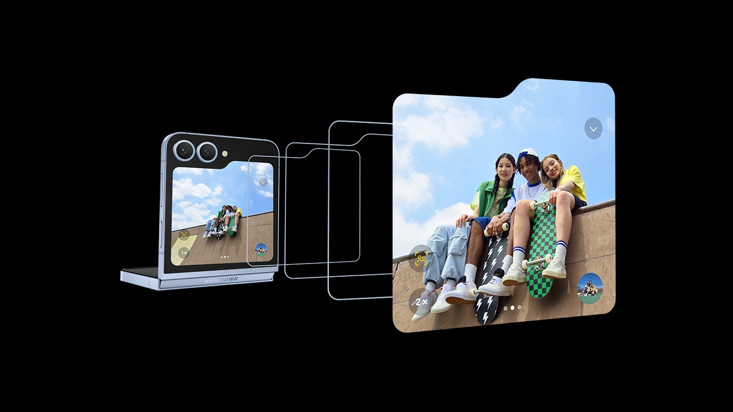 A photo of three friends is seen from Galaxy Z Flip6's FlexWindow. Auto zoom is used to zoom in on the subjects hands-free.