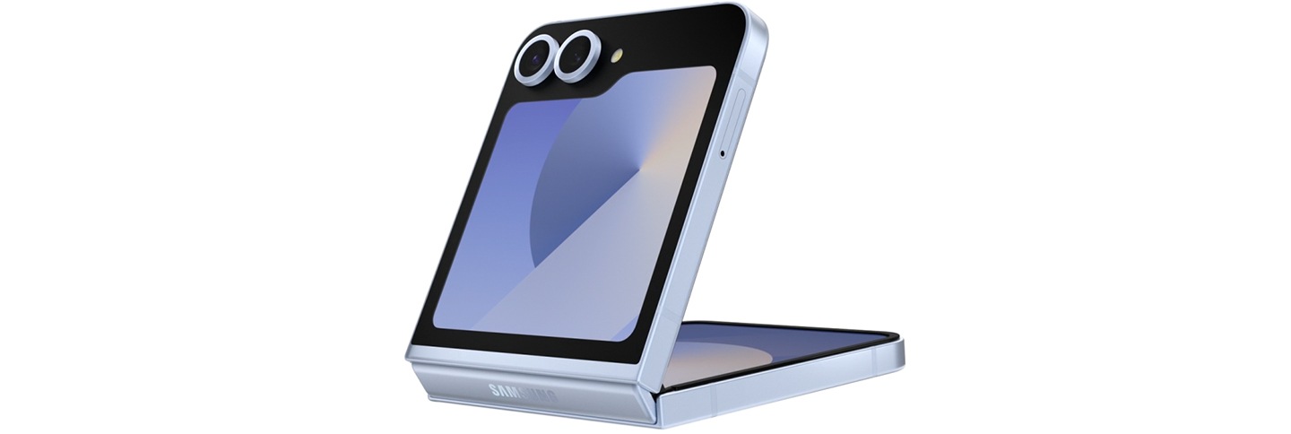 Galaxy Z Flip6 is seen in FlexMode from the rear.