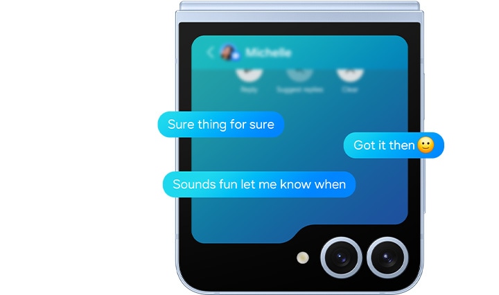 Text message conversation appears on the FlexWindow of Galaxy Z Flip6. Suggested Replies suggests three possible responses for the last message received.