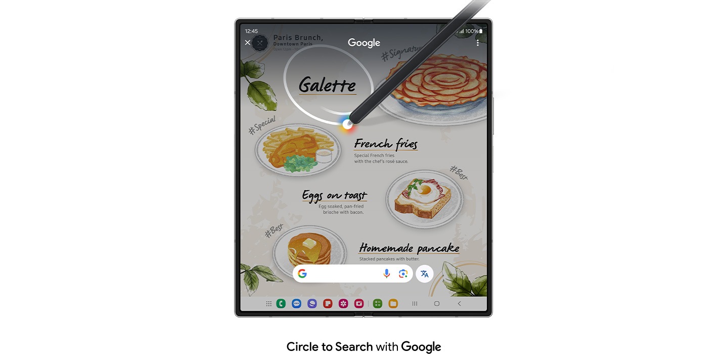 A menu of a restaurant is open. S Pen is used to circle text page: Galette. Search results appear in a Circle to Search with Google pop-up.