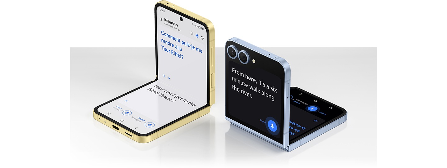 A conversation in two languages is transcribed and translated in real time.