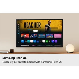 A wall-mounted TV shows popular apps and curated content on the "Samsung Tizen OS" home menu.