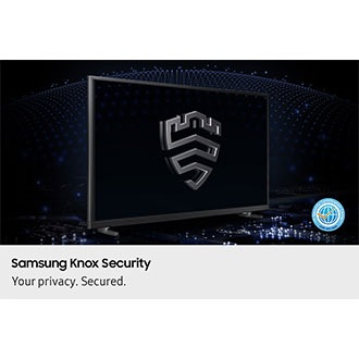 A multi-layered security solution is creating a dome-like enclosure behind a TV that's secured by Knox.The screen features the Samsung Knox emblem.