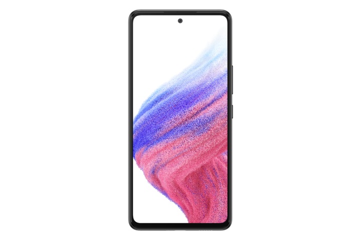 2. Galaxy A53 5G in Awesome Black seen from the front with a colorful wallpaper onscreen. It spins slowly, showing the display, then the smooth rounded side of the phone with the SIM tray, then the matte finish and the minimal camera housing on the rear and comes to a stop at the front view again.