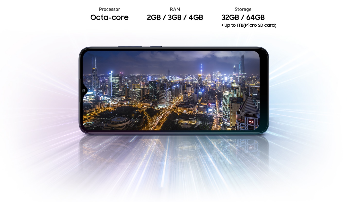 A02s shows night city view, indicating device offers Octa-core processor, 2GB/3GB/4GB RAM, 32GB/64GB with up to 1TB-storage.