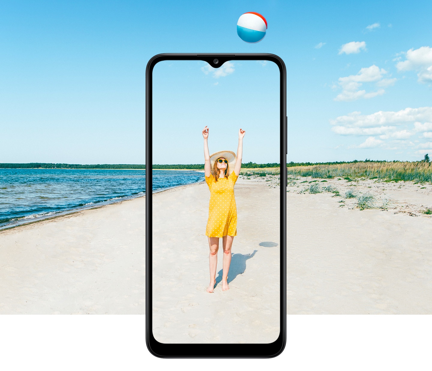 A girl wearing yellow dress, raising her arms captured in A02s display, utilizing 6.5 inch Infinity-V display feature.