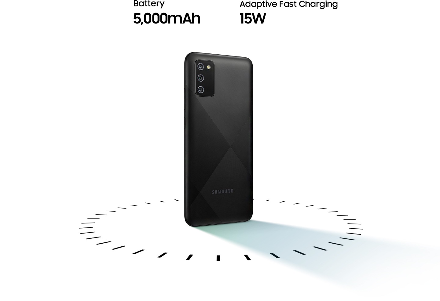 Galaxy A02s stands up, surrounded by circular dots, with the text of 5,000mAh Battery and 15W Adaptive Fast charging.