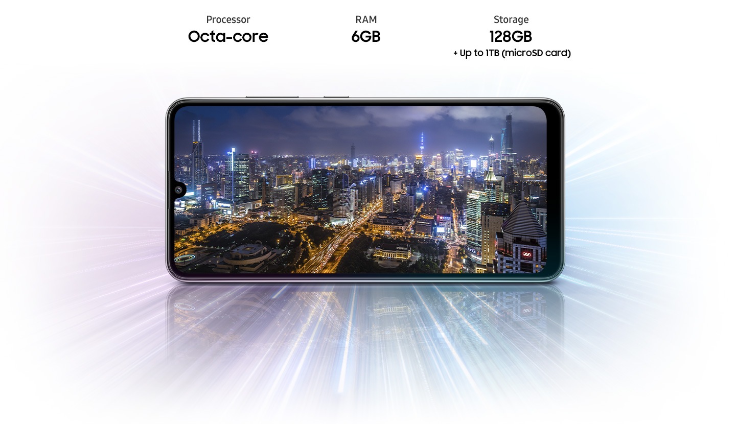 A32 shows night view of city, indicating device offers Octa-core processor, 4GB/6GB/8GB of RAM, 64GB/128GB of storage,up to 1TB Micro SD card.