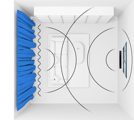 Illustration of SpaceFit Sound feature shows wall-mounted Samsung Q Soundbar projecting soundwaves across a living room, analyzing various key living room environment like window curtains and auto-optimizes the soundbar's sound settings accordingly.