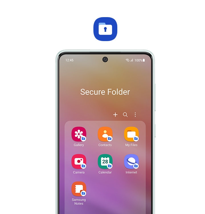 Galaxy A73 5G seen from the front, displaying the apps inside Secure Folder, including Gallery, Contacts, My Files and more. Each app icon has a small Secure Folder icon attached at the bottom right. Above the smartphone is a larger Secure Folder icon.