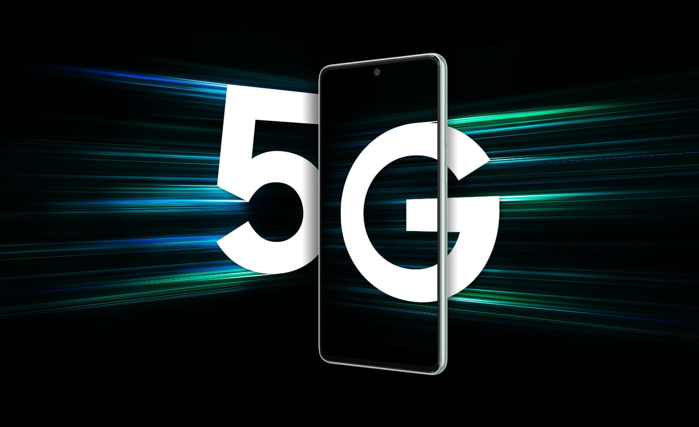 Galaxy A73 5G vu de face sur fond noir.  Sur la gauche, un grand 5 blanc s'approche du smartphone avec des stries lumineuses à la suite du numéro pour indiquer qu'il arrive rapidement.  À droite, un grand G blanc est partiellement entré dans l’écran du smartphone.