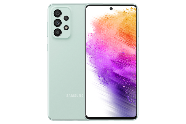 1. Galaxy A73 5G in Awesome Mint seen from the front with a colorful wallpaper onscreen. It spins slowly, showing the display, then the smooth rounded side of the phone with the SIM tray, then the matte finish and the minimal camera housing on the rear and comes to a stop at the front view again.