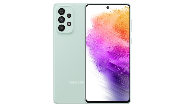 1. Galaxy A73 5G in Awesome Mint seen from the front with a colorful wallpaper onscreen. It spins slowly, showing the display, then the smooth rounded side of the phone with the SIM tray, then the matte finish and the minimal camera housing on the rear and comes to a stop at the front view again.